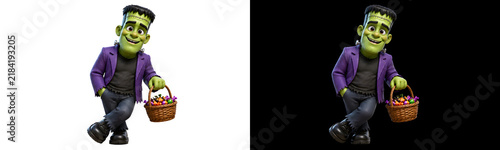 cute frankenstein boy character walking while holding basket of colorful candy treat for halloween party costume design