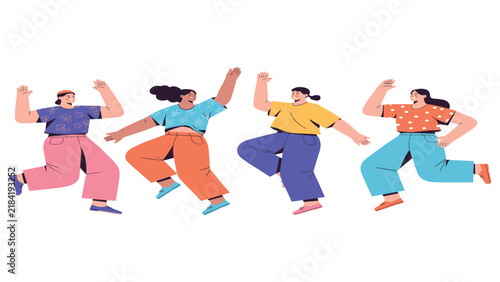 Foto Joyful Leap: Four diverse women in vibrant attire jump with uninhibited joy, embodying freedom and happiness in a moment of pure exuberance