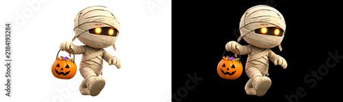 Fotografie cute mummy character walking with glowing eyes holding pumpkin candy bucket for