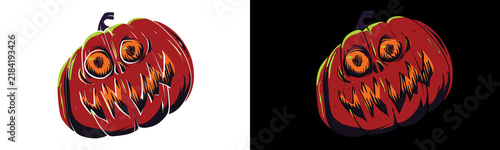 Red monster pumpkin with sharp fangs and glowing eyes bares scary jagged toothy grin cartoon illustration