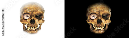 Human skull with single glowing eyeball stares forward isolated on white and transparent black background pair