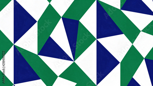A seamless pattern of geometric shapes in blue, green, and white. The abstract design features interlocking triangles and irregular polygons creating a dynamic and modern look