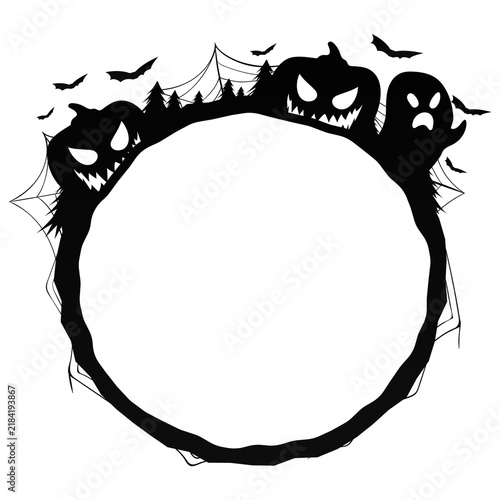 circular halloween frame border with ghost pumpkin bat and spider web for design template banner graphic