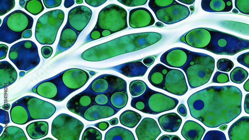 Abstract cell structure with vibrant green and blue colors, reminiscent of biological or scientific imagery. The pattern features interconnected circular and oval shapes.