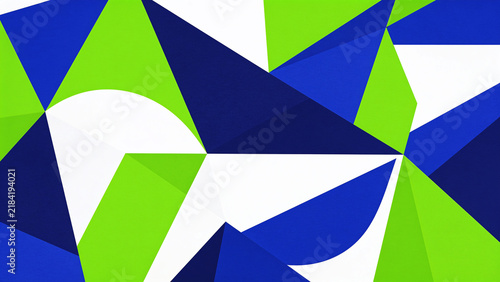 A vibrant and dynamic abstract geometric pattern featuring triangles and curves in shades of blue, green, and white