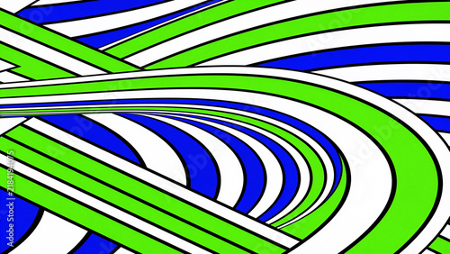An abstract background with a dynamic pattern of colorful curved lines. The lines alternate between vibrant blue, bright green, and clean white, creating a sense of movement and depth