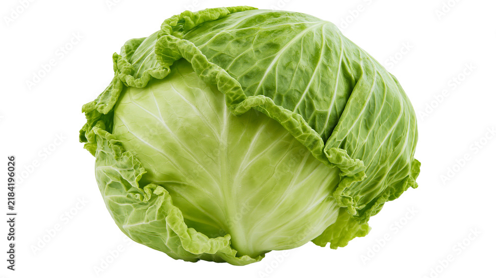 Fototapeta premium Isolated fresh green cabbage head with outer leaves, a healthy raw vegetable food ingredient