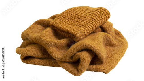 Konstfotografi Isolated pile of soft mustard yellow knitted wool fabric, cozy texture of warm w