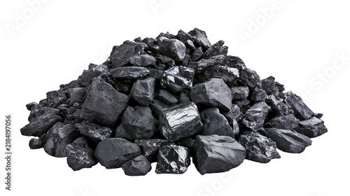 Fotografie Isolated pile of rough dark shiny coal chunks, industrial material for energy pr