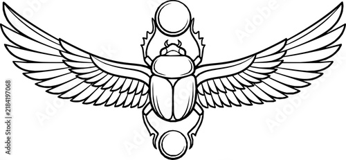 Winged scarab beetle illustration featuring elegant brown line art in a minimalist ancient Egyptian style design

