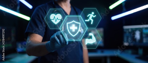 Healthcare professional interacting with futuristic health monitoring technology in a medical environment with digital health icons and data visualization