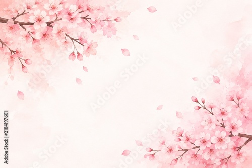 淡い桜の枝と舞う花びらの春の水彩背景