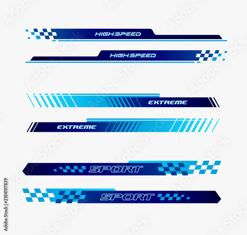Racing stripe vector set with racing text for sports car livery and vehicle wraps. Editable decal designs for automotive branding and performance styling