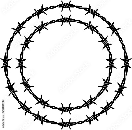 Double circle of sharp black barbed wire illustrated in a clean minimal flat graphic style
