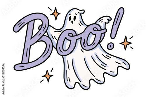 Cute cartoon ghost forms word 