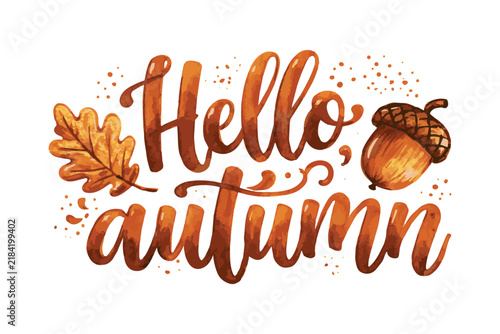 Hello, autumn, lettering with leaf and acorn accents