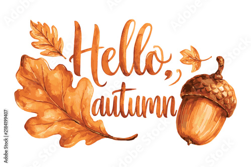 Watercolor autumn leaves and acorn beside script text