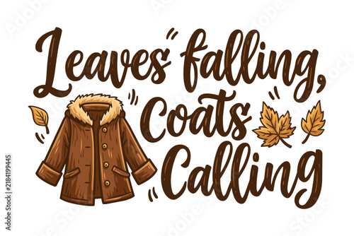 Brown coat with fluffy collar, autumn leaves.