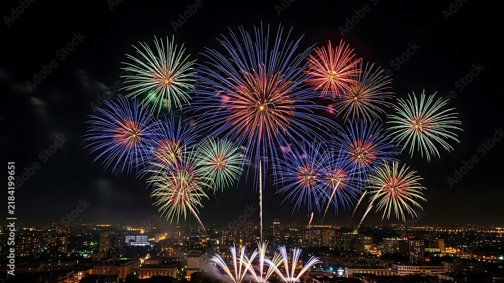 Obraz premium Colorful fireworks display lighting up the night sky over a city skyline