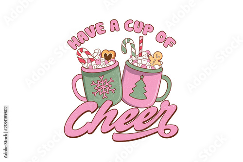 Festive Retro Christmas Illustration with Two Mugs of Hot Cocoa, Marshmallows, and Holiday Treats Sublimation Design