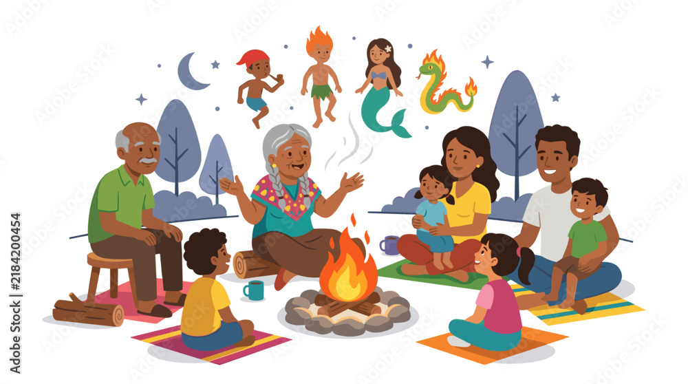 Fototapeta premium Elderly woman tells stories to multi-generational family around campfire under starry night