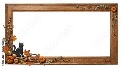 Wooden picture frame with autumn leaves and black cat ornament makes fall border decor.
