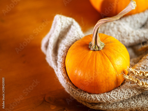 orange pumpkin on a knitted autumn scarf. A wooden table, copy space.