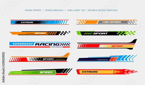 Racing stripe vector set for sports car livery. Editable decal designs with racing text for automotive branding, vehicle wraps and performance styling