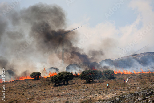 Firefighters and residents help fight a wildfire near Monasterio de Rodilla on August 12, 2026