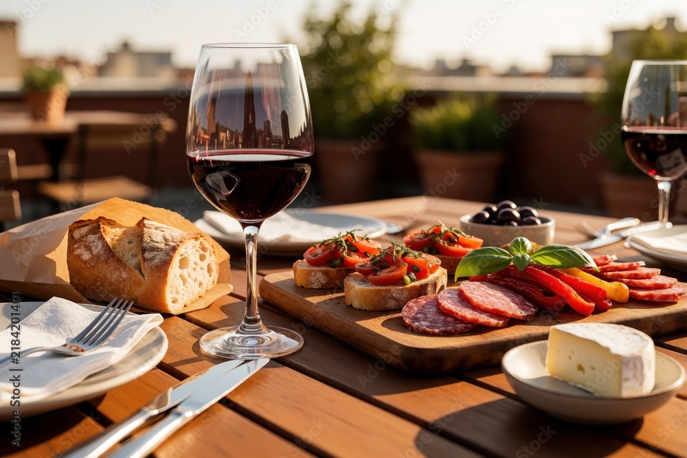 Obraz premium Rooftop dinner with Italian antipasti, red wine, bread and cheese. Couple enjoys snacks and drinks on a sunny evening overlooking city skyline.