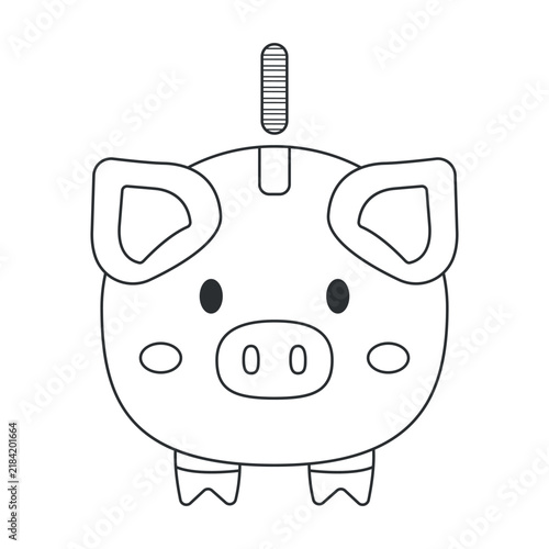 Cute piggy bank with coin coloring page isolated on white background. Cute pig line art illustration for kids finance and savings educational activity.