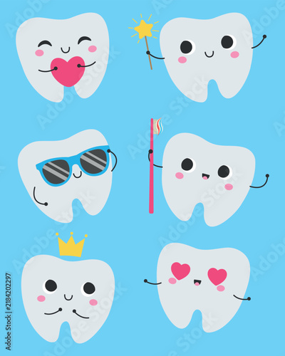 Cute tooth cartoon character set with emotions isolated on blue background. Pediatric dentistry vector collection featuring funny teeth with heart, crown, magic wand, toothbrush, and sunglasses
