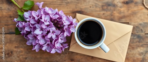 Lilac blossom and craft envelope beside a mug of black coffee on a wood surface Flat lay, top view, beverage, background