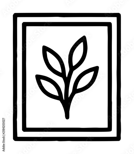 Minimalist botanical line art icon depicting elegant plant leaves inside rectangular frame, simple black and white vector illustration perfect for modern wall decor and print design projects