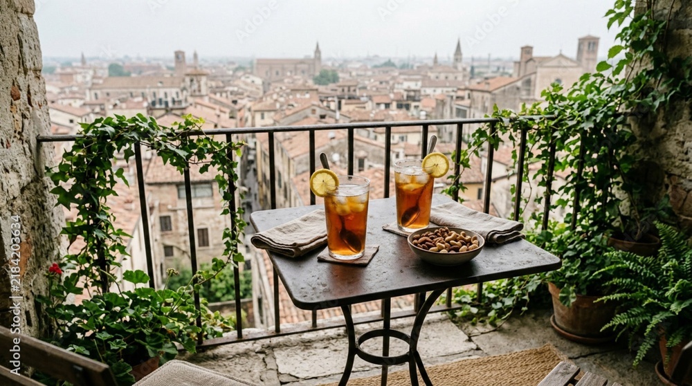 Obraz premium Romantic stone balcony bistro table overlooking historic European city rooftops with two iced tea glasses, lemon slices, almonds, and lush greenery in foreground