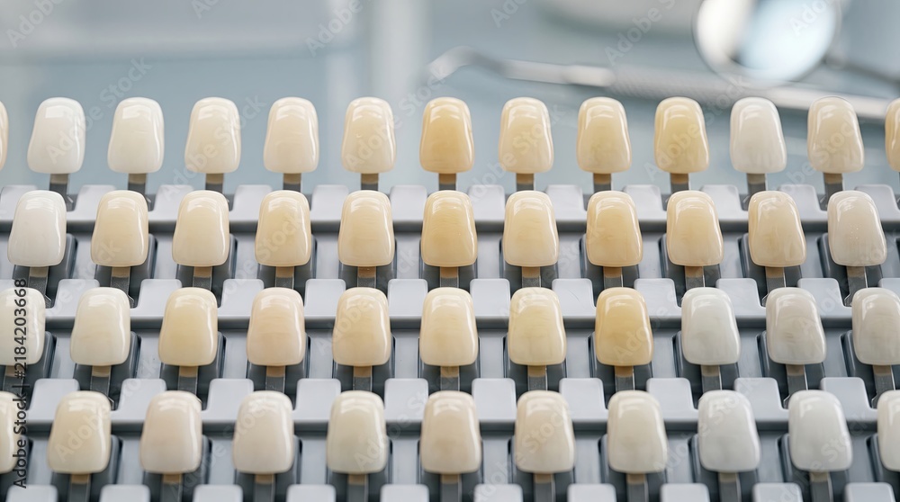 Obraz premium Dental shade guide rack with porcelain tooth samples on metal tabs in rows