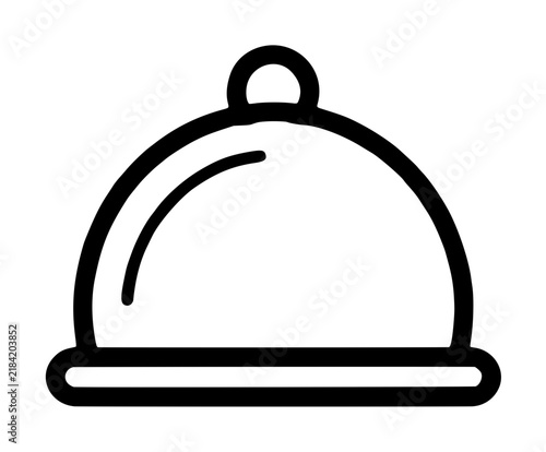 Elegant minimalist black and white vector icon illustration of a classic restaurant food dome cloche cover with handle on serving tray for catering, banquet presentation and fine dining service