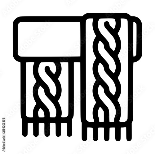 Cozy cable-knit winter scarf vector icon illustration with braided twist pattern and fringe tassels, minimalist black line art of warm woolen accessory for cold weather fashion and seasonal style