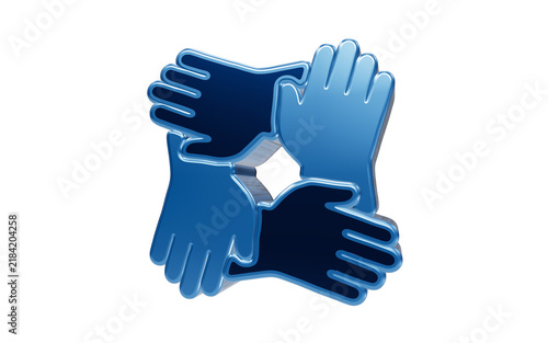 Fotografie Teamwork Synergy: Four stylized blue hands clasped together in a dynamic symbol of unity and collaboration, representing partnership and mutual support