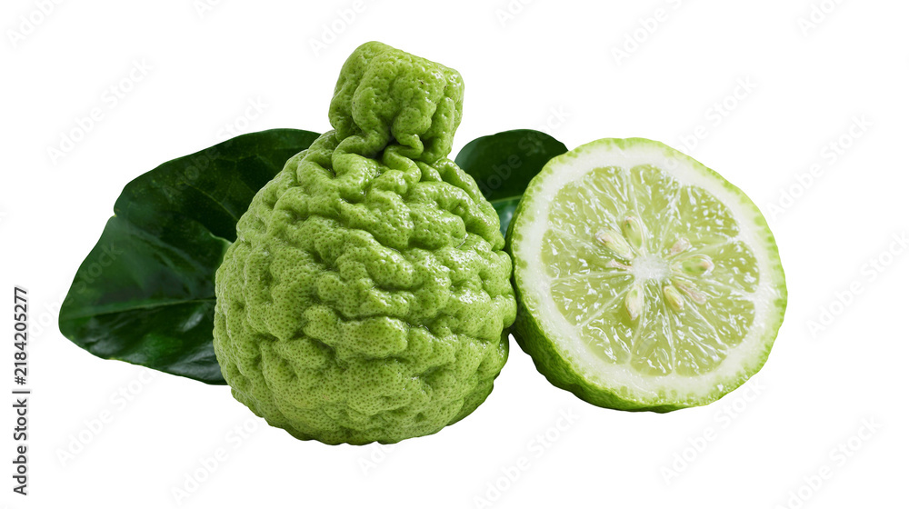 Obraz premium Isolated fresh whole Kaffir lime and sliced makrut citrus fruit with green leaves