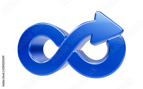 Fotografie Infinity Symbol with Arrow: A glossy blue infinity symbol seamlessly transitions into an arrow, signifying continuous progress, endless possibilities, and the cyclical nature of movement
