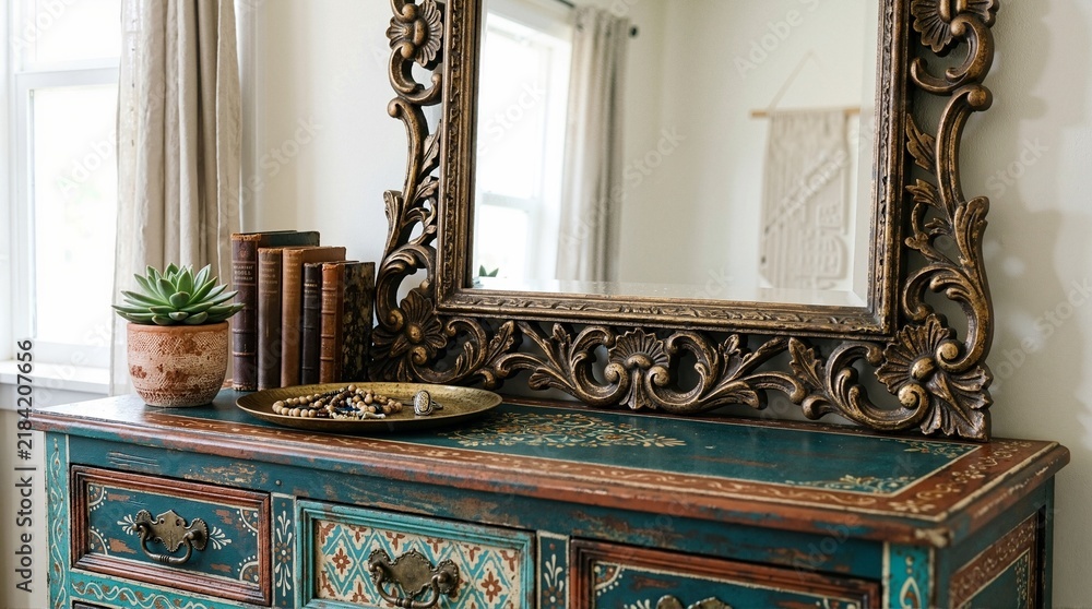 Fototapeta premium Vintage gold framed mirror on a distressed boho dresser. Bohemian home decor with antique books, succulent, and jewelry tray. Cozy interior design