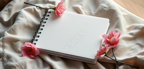 A blank spiral notebook rests on textured fabric, adorned with soft floral accents Cozy indoor setting , details, relaxing