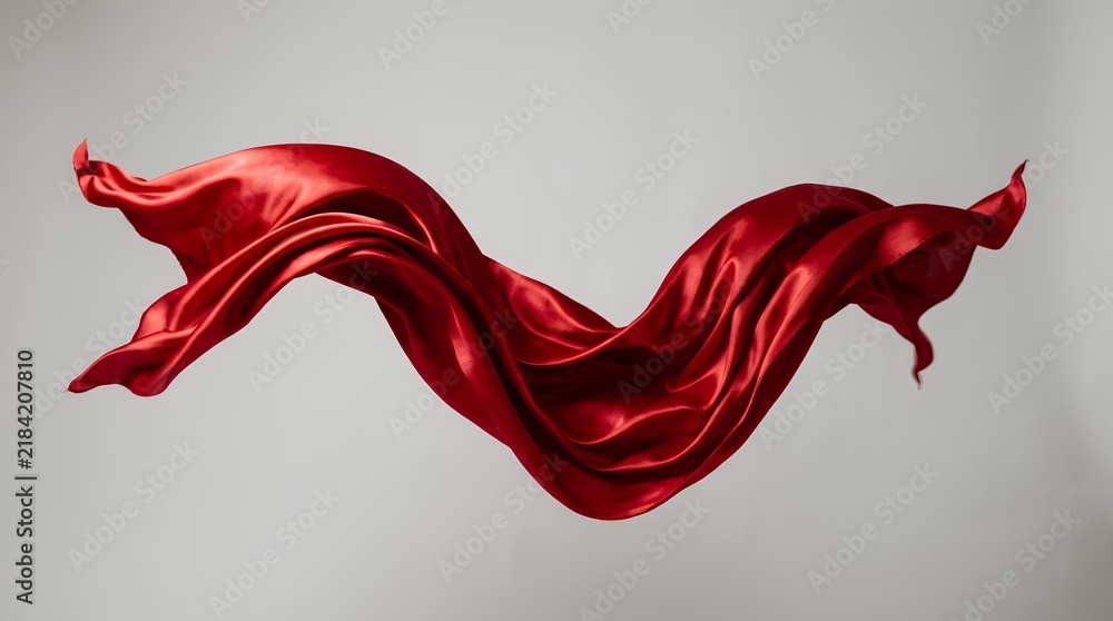 Fototapeta premium Flowing red satin fabric caught mid-wave with smooth glossy folds catching warm highlights against a clean light gray studio background, luxury textile display