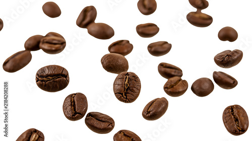 Картината върху платно Isolated roasted coffee beans scattered and falling, rich aroma, energetic morni