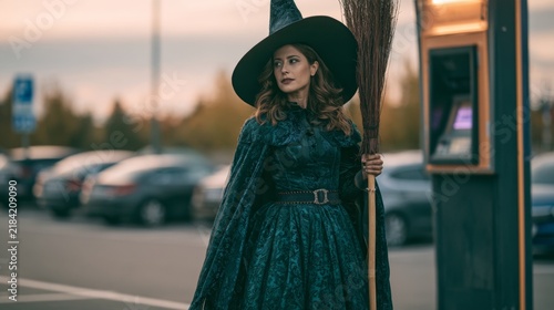 Witch with her broom in a parking lot.