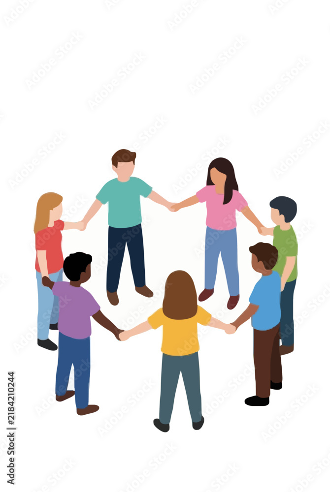 Obraz premium Flat vector icon of diverse children holding hands in a circle during school recess, minimalist illustration of kids playing together in a ring, friendship and unity concept, colorful casual