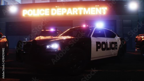Police Car with Flashing Lights Near Police Department Building. Realistic 4k animation.
