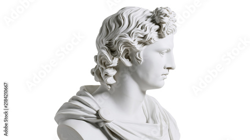 Isolated classical marble bust of a male Greek or Roman god, intricate artistic sculpture details.