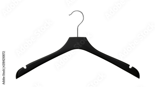 Fotografie Isolated durable black plastic coat hanger with shiny metal hook and strap notch